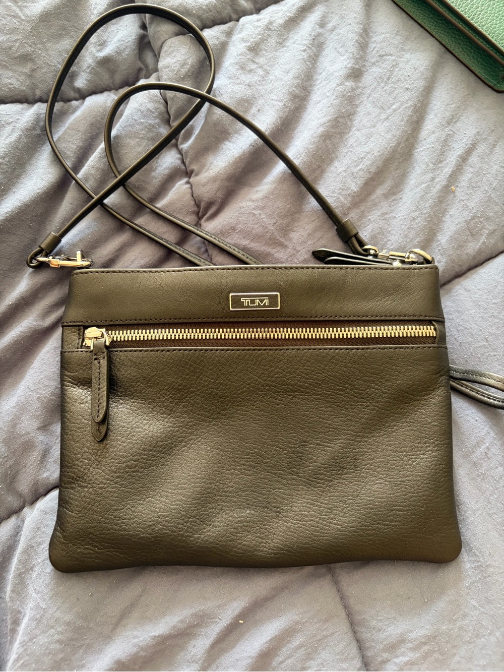Tumi Olive Green Leather Crossbody with Gold Hardware